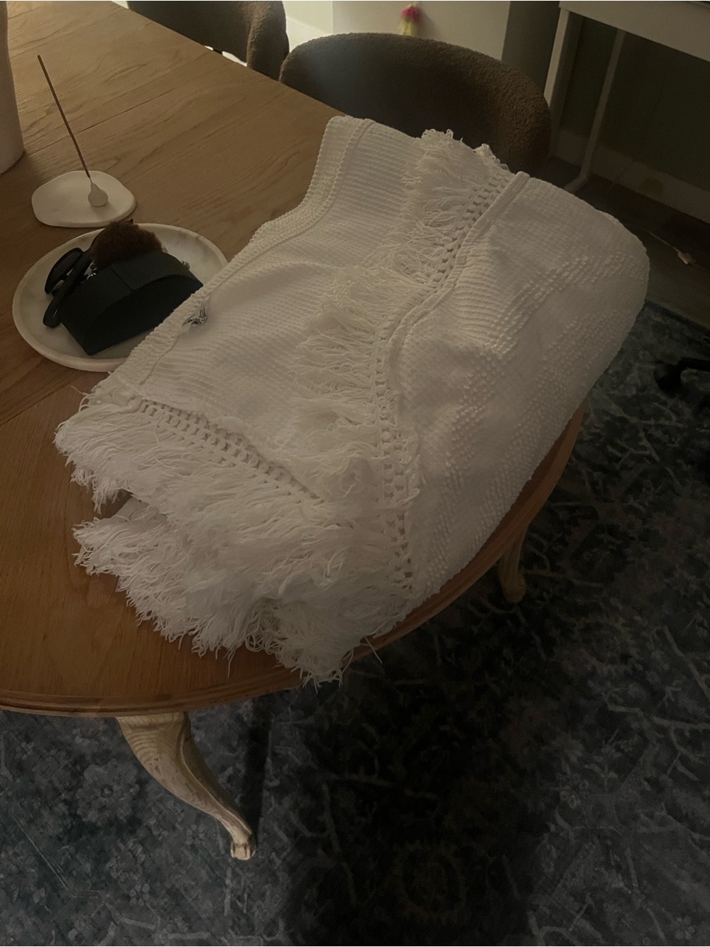 White vintage Fringed Woven blanket